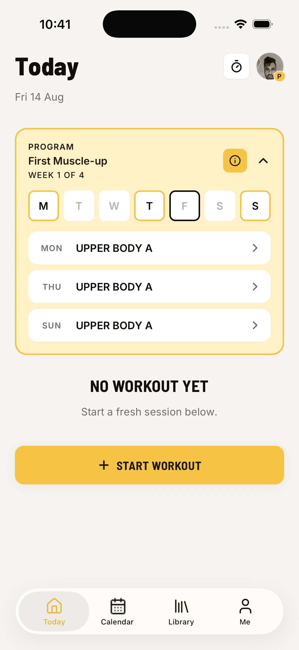 CaliLog Today screen — log a session, follow a program week, and keep a training streak